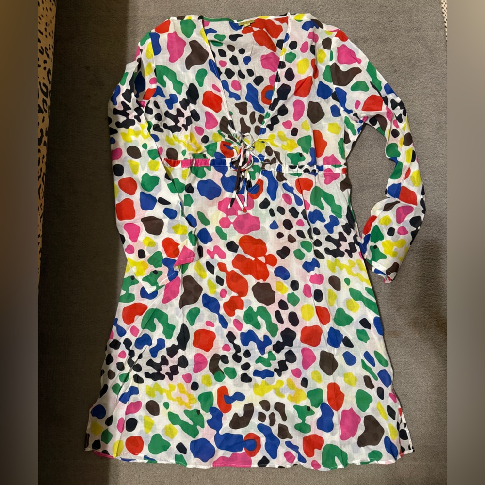 Echo Multicolor Cotton Tunic Dress Cover Up Size M V Neck Tie Waist